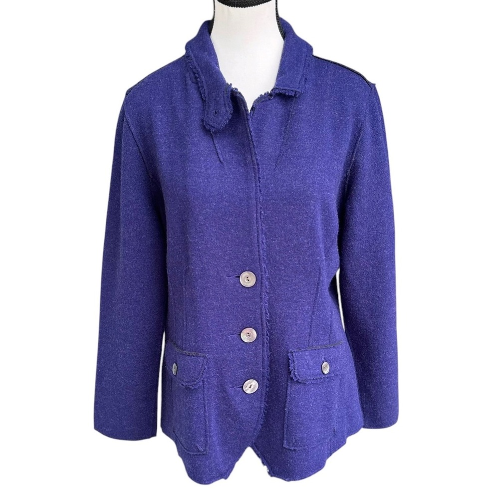 Eileen Fisher Purple Blue Merino Wool Raw Edge Button Front Knit Jacket Large